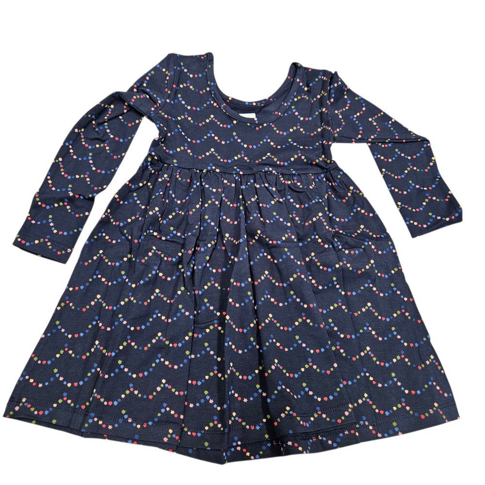 Hanna‎ Andersson Long Sleeve Skater Dress Girls 3T Navy Blue Star Lights Pockets